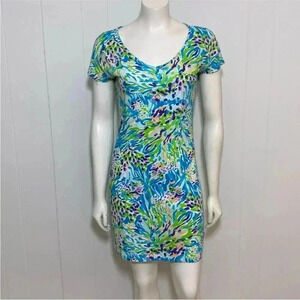Lilly Pulitzer Daniella Dress Small Blue Green Sea Soiree Cotton V Neck Pocket